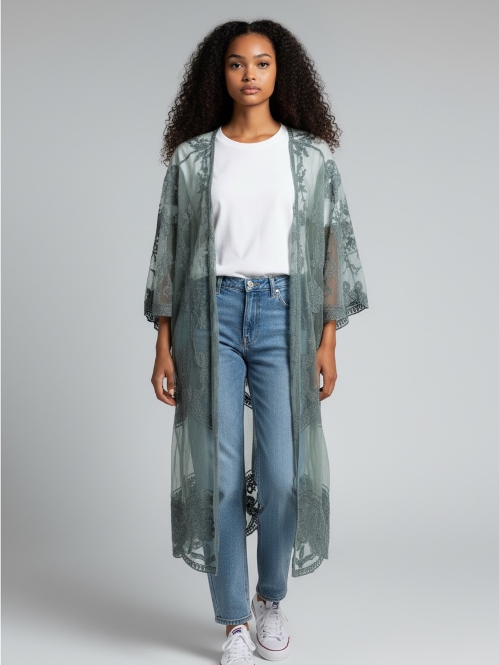Kismet Sheer Embroidered Sage Green Duster Beach Cover Up